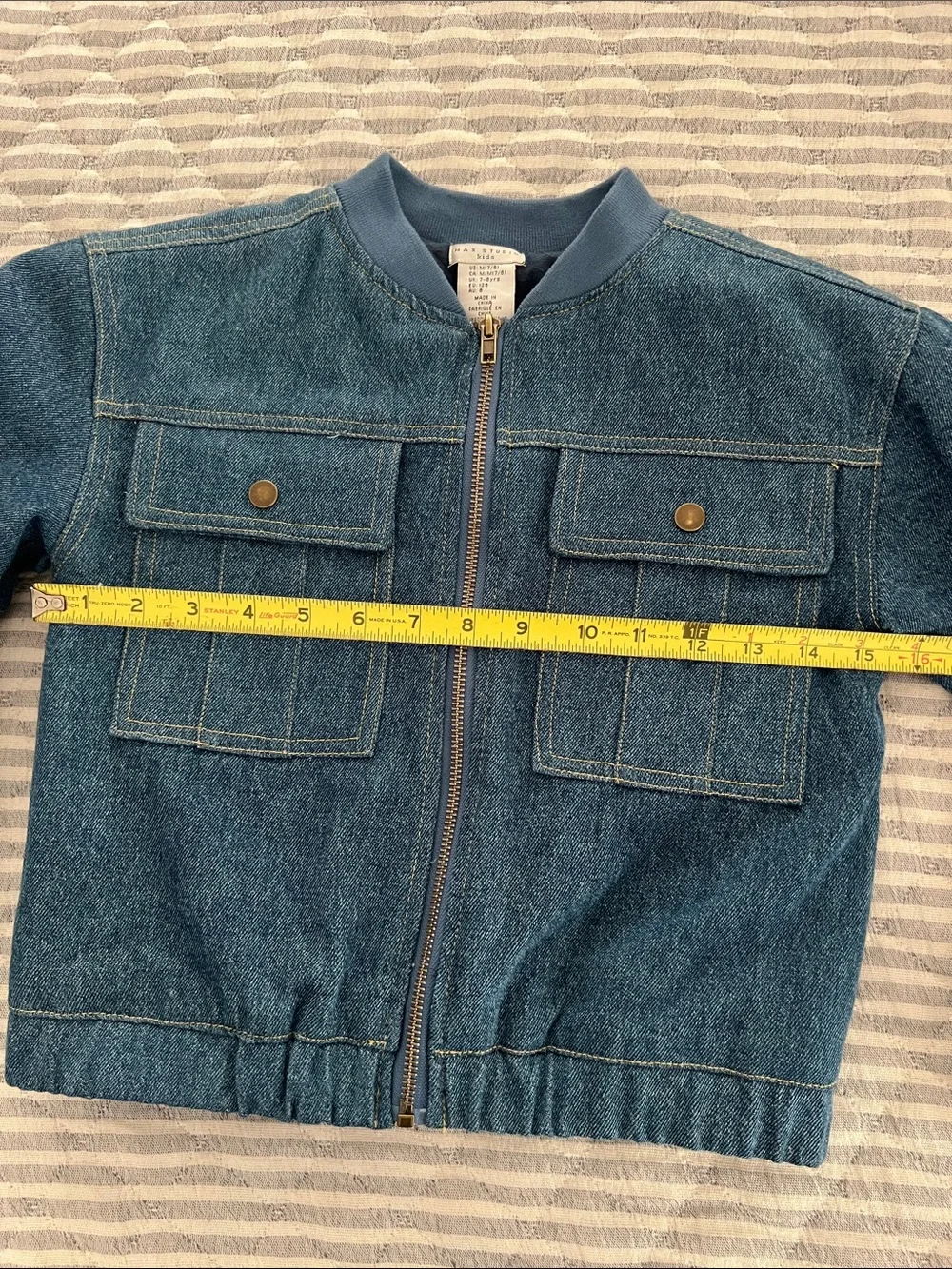 Max Studio Kids Girls Blue Denim Bomber Jacket Quilted Lined Zip Front Sz M 7/8